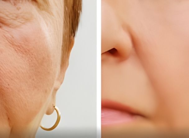 Primer plano del rostro de una mujer madura con comparación antes y después de un tratamiento facial con ácido hialurónico.