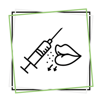 Icono de una jeringuilla aplicando ácido hialurónico sobre unos labios delineados en blanco, enmarcado por cuadrados superpuestos verdes y blancos sobre fondo oscuro.