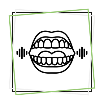 Icono de mandíbula y dientes asociado al bruxismo y a los dolores articulares sobre fondo oscuro con marcos verdes y blancos.