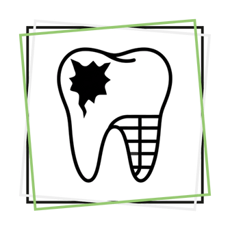 Ilustración de un diente con caries y zona reconstruida en estilo de icono dentro de marcos cuadrados verdes y blancos.