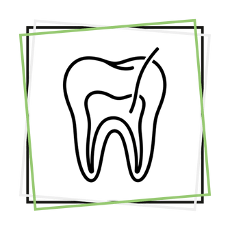 Icono de un diente estilizado en líneas finas, asociado a tratamientos de endodoncia, enmarcado por marcos cuadrados verdes y blancos sobre fondo oscuro.