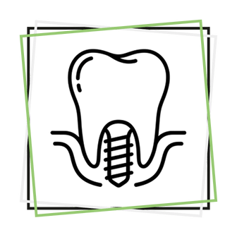 Icono de un implante dental con diente sobre tornillo representado en líneas blancas, enmarcado por dos cuadrados superpuestos verdes y blancos sobre fondo oscuro.