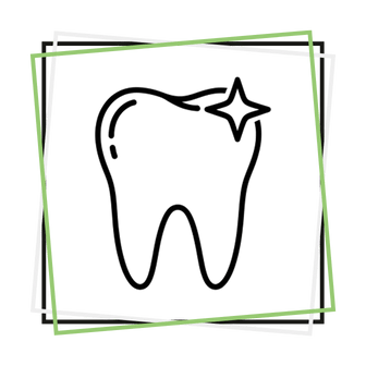 Icono de diente estilizado relacionado con la odontología estética sobre fondo oscuro con marcos verdes y blancos.