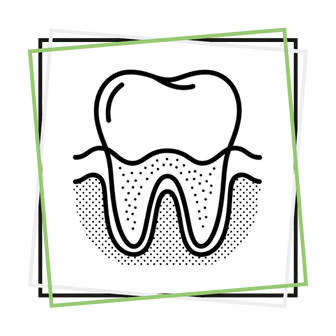 Icono de un diente con encía en vista frontal sobre fondo oscuro, enmarcados por cuadrados superpuestos verdes y blancos.