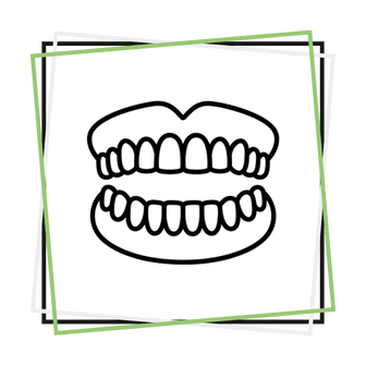Icono de una prótesis dental con varias piezas unidas en una estructura, dibujada en líneas blancas sobre fondo oscuro y enmarcada por cuadrados verdes y blancos.
